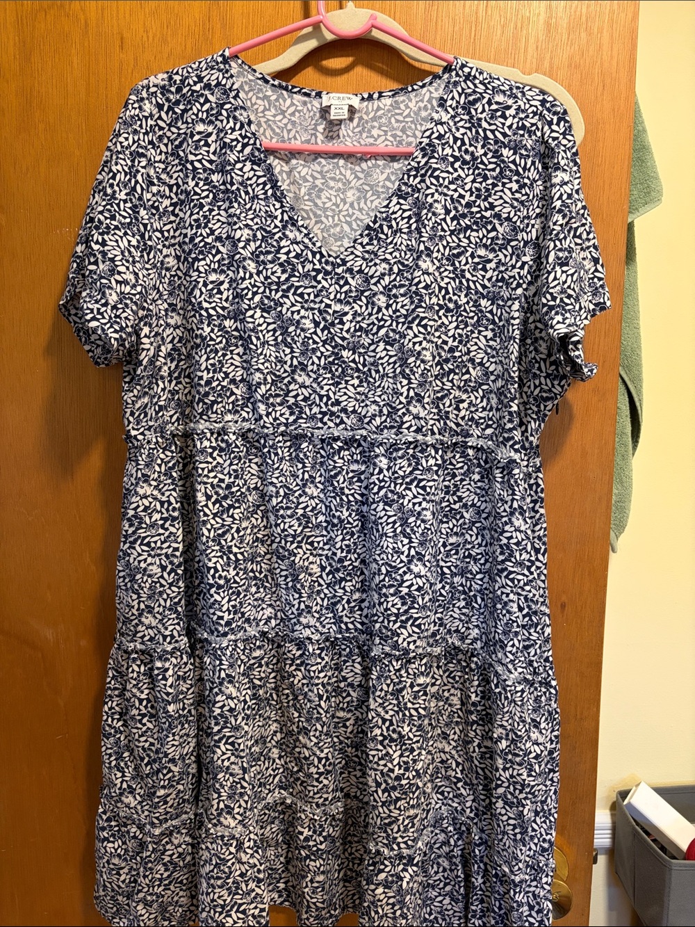 J. Crew Navy and White Floral V-Neck Tiered Midi Dress